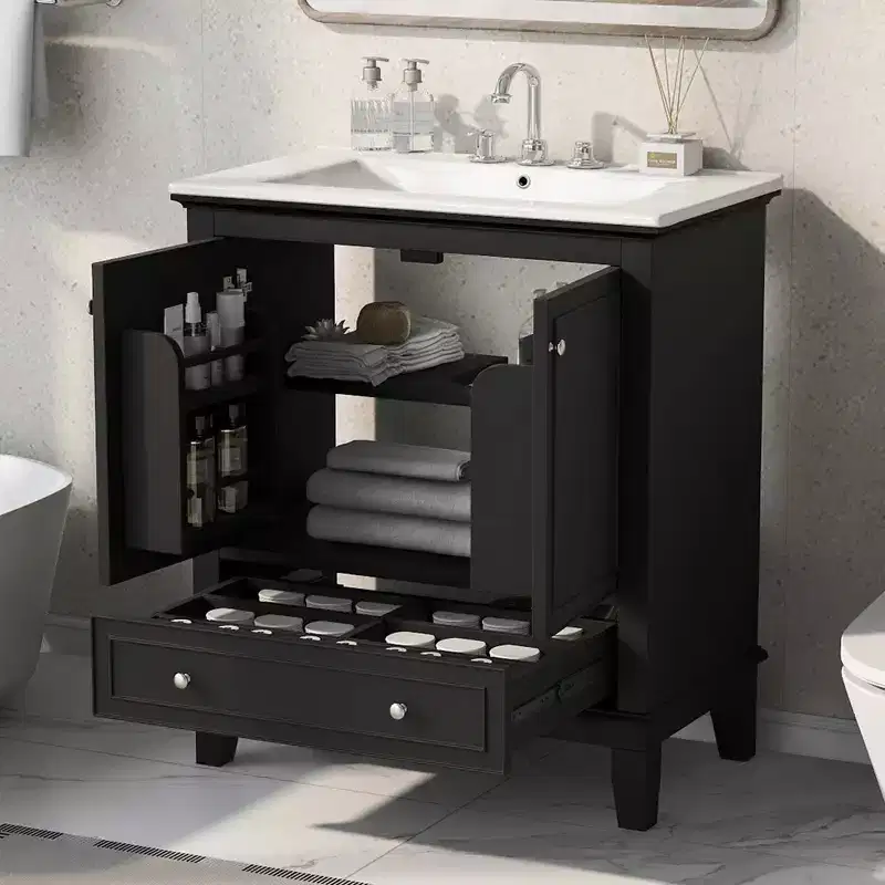 MAYEERTY 30 Bathroom Vanity with Sink Multi-functional Cabinet Doors Drawer Solid Wood MDF Black