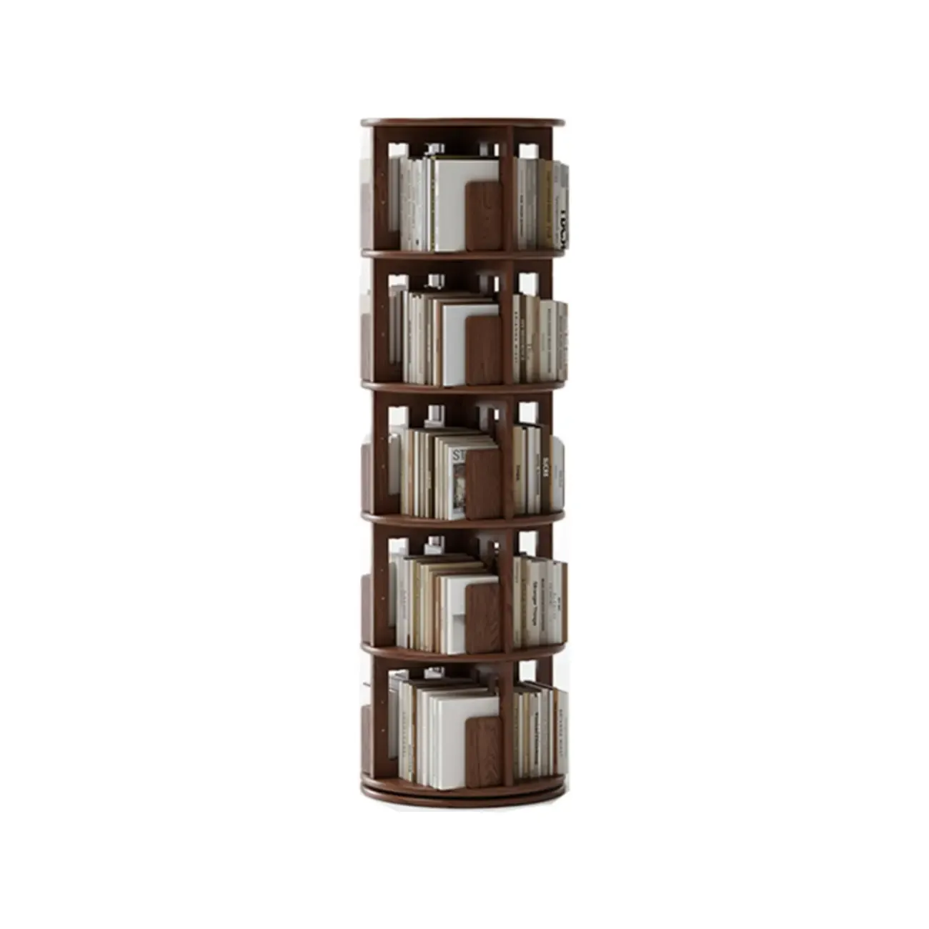 Narrow Cherry Wood Vertical 6 Shelf Rotating Bookshelf
