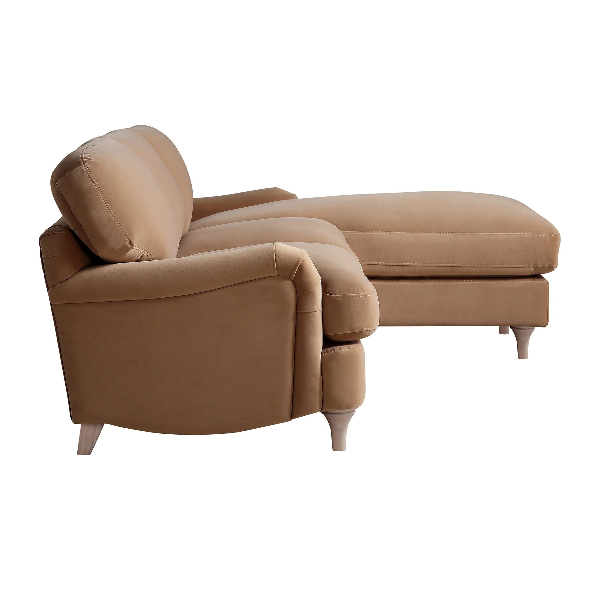 Camel Velvet Sofa, Grande Chaise Sofa Right Hand Facing