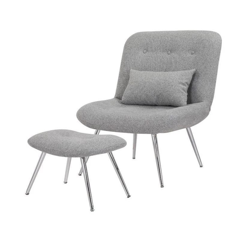 Lea 2pc Modern Lounge Chair and Ottoman Set, Gray Woven Upholstery, Chrome