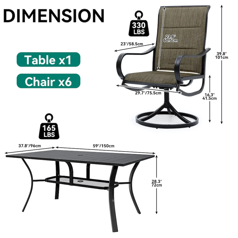 Patio Dining Set with 23 W Upholstered Swivel Chairs and Table