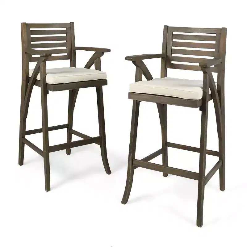 GDFStudio Baia Outdoor Acacia Wood 29 Inch Barstools with Cushion (Set of 2)