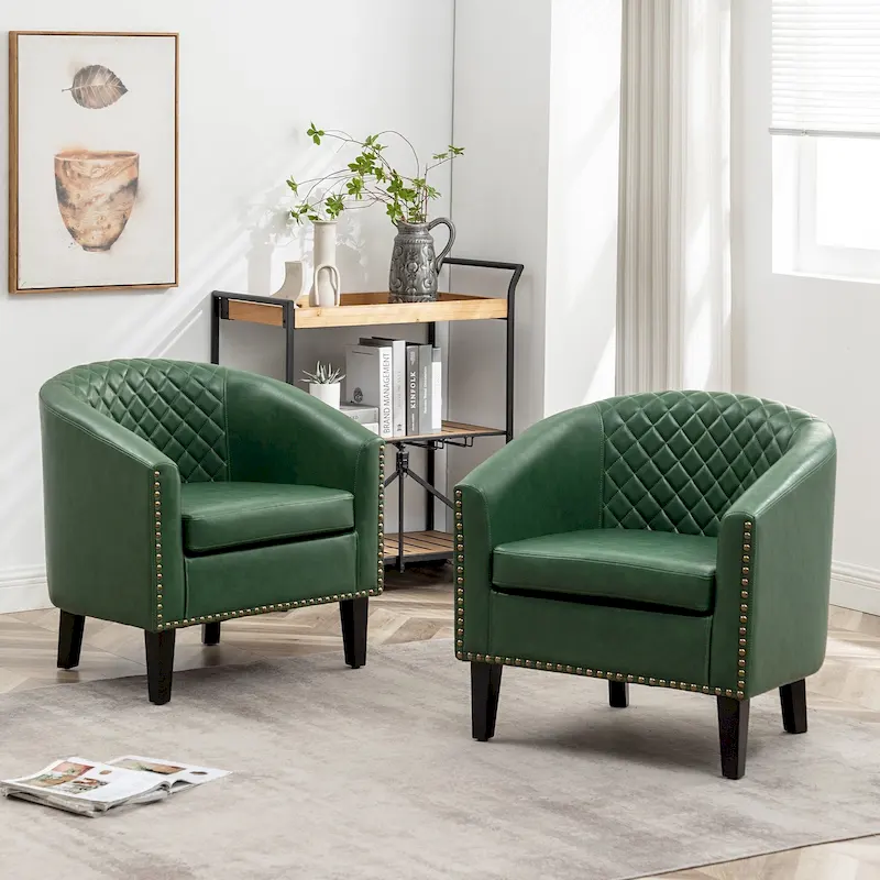 KINWELL 29  PU Faux Leather Club Armchair with Nailheads, Set of 2