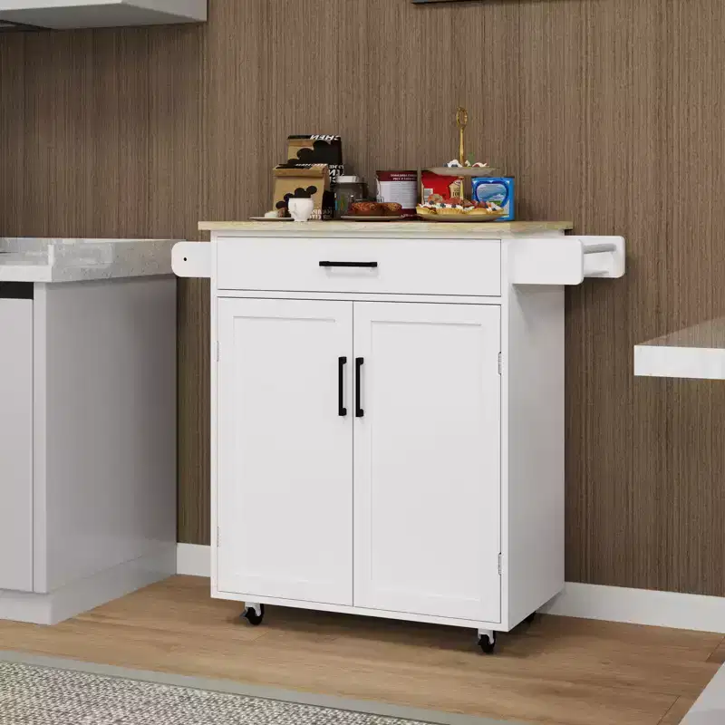 sumyeg Rolling Kitchen Island Cart with Drawer, Cabinet, Rack and Rubber Wood Top