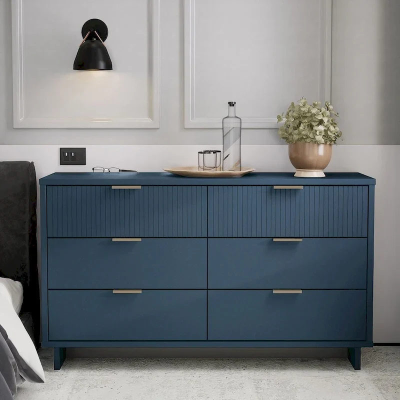 Modern 6-Drawer Double Wide Dresser – Sage Green / Grey / Black / White / Midnight Blue, Ribbed Front