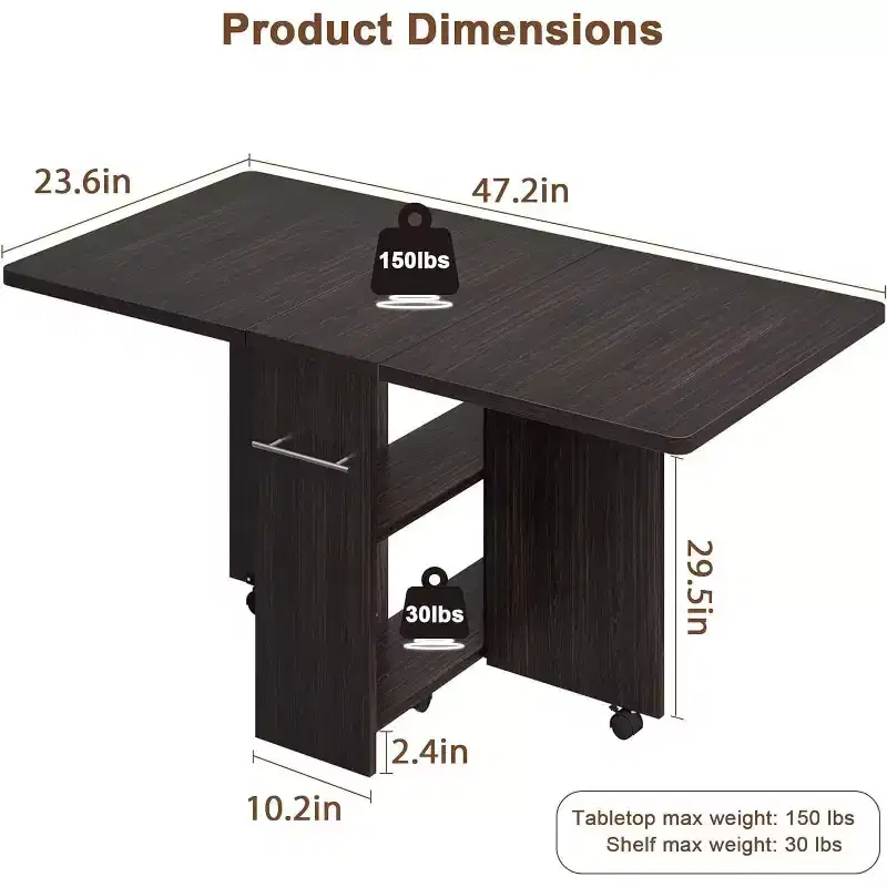 Space Saving Folding Dining Table, Farmhouse Dining Table for 4 Storage Shelf, 6 Wheels Multipose Expandable Kitchen Drop Leaf Table
