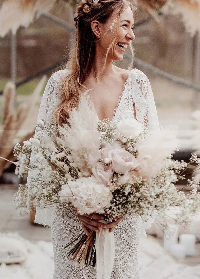 Unique Lace V-Neck Mermaid Bohemian Flare Long Sleeve Beach Bridal Gowns