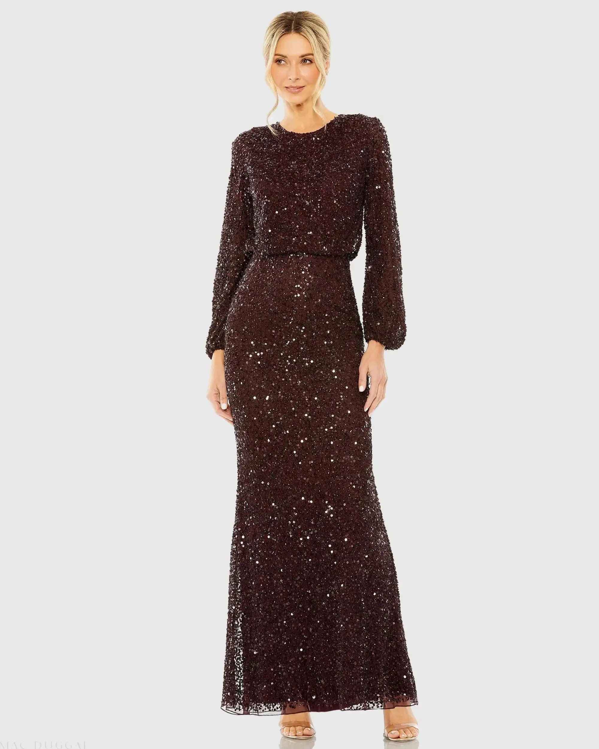 High Neck Long Sleeve Beaded Blouson Gown