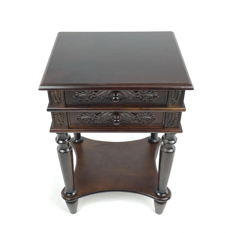 Brown Birchwood End Table with Carved Detail, 2 Drawers & Open Bottom Shelf – Traditional Style