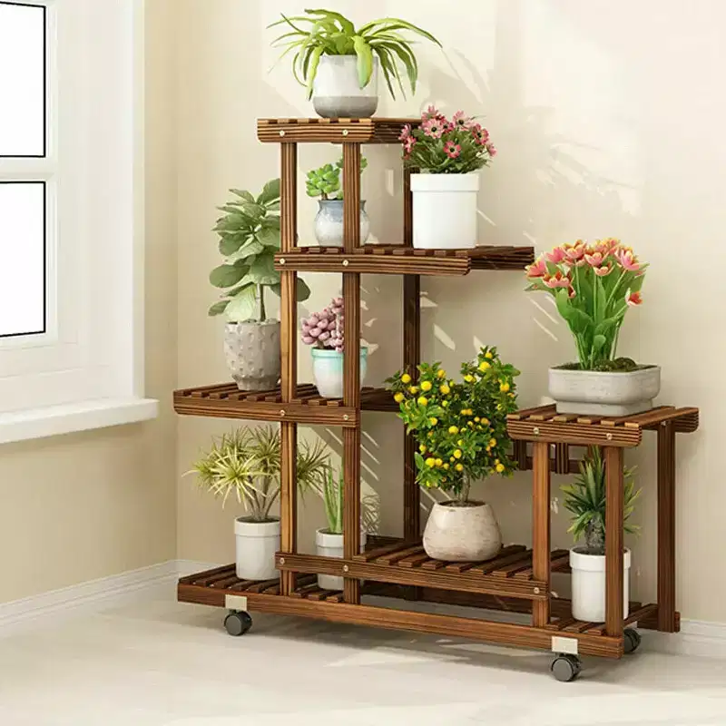 Home Collection Tall Rolling Wooden Plant Stand with Wheels