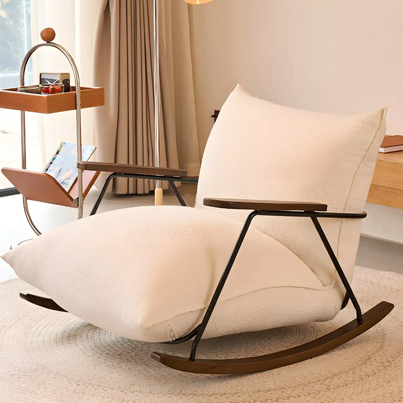 Modern Upholstered Rocking Chair with Spindle Back in Beige