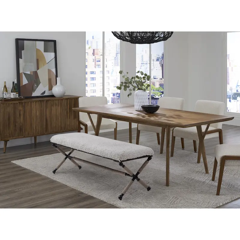 48-Inch Double Bench with Boucle Upholstered Seat and Metal X Base