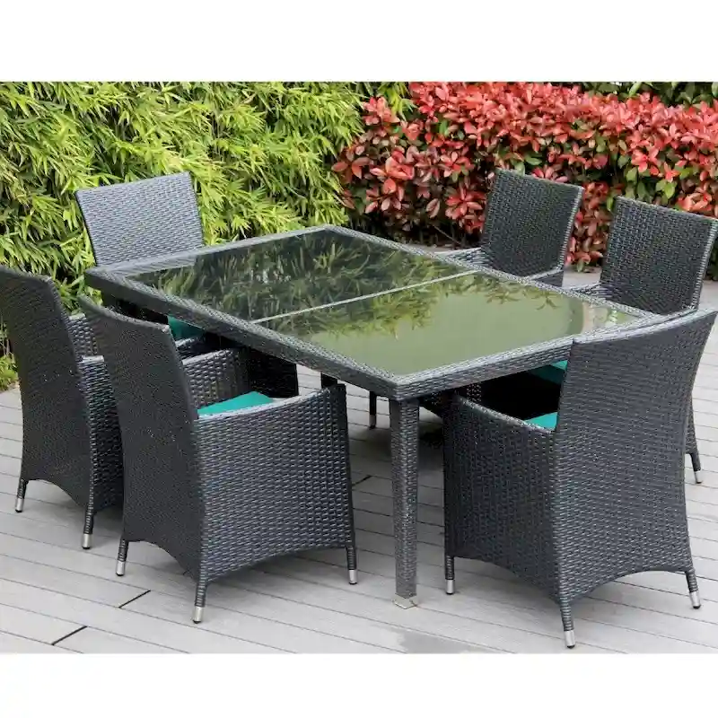 Ohana Outdoor Patio 7 Piece Black Wicker Dining Set with Cushions