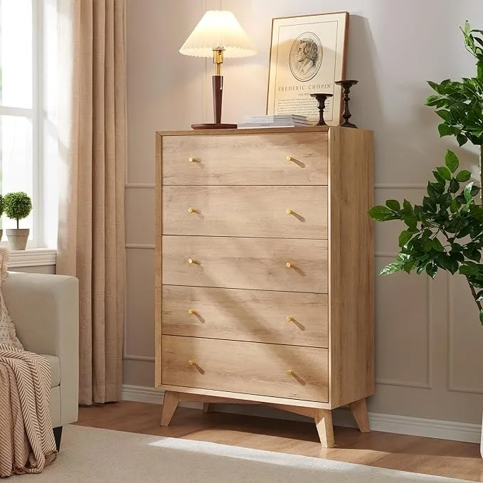 White / Espresso / Cherry / Oak Mid-Century 5-Drawer Dresser, Single-User