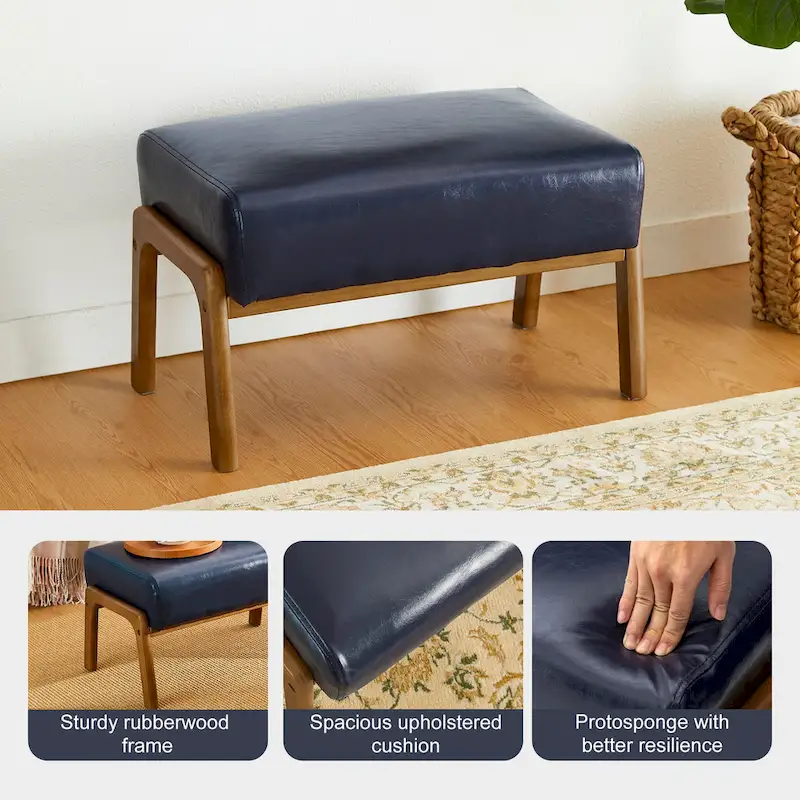 Glitzhome 24.5W Leatherette Accent Stool With Walnut Rubberwood Legs