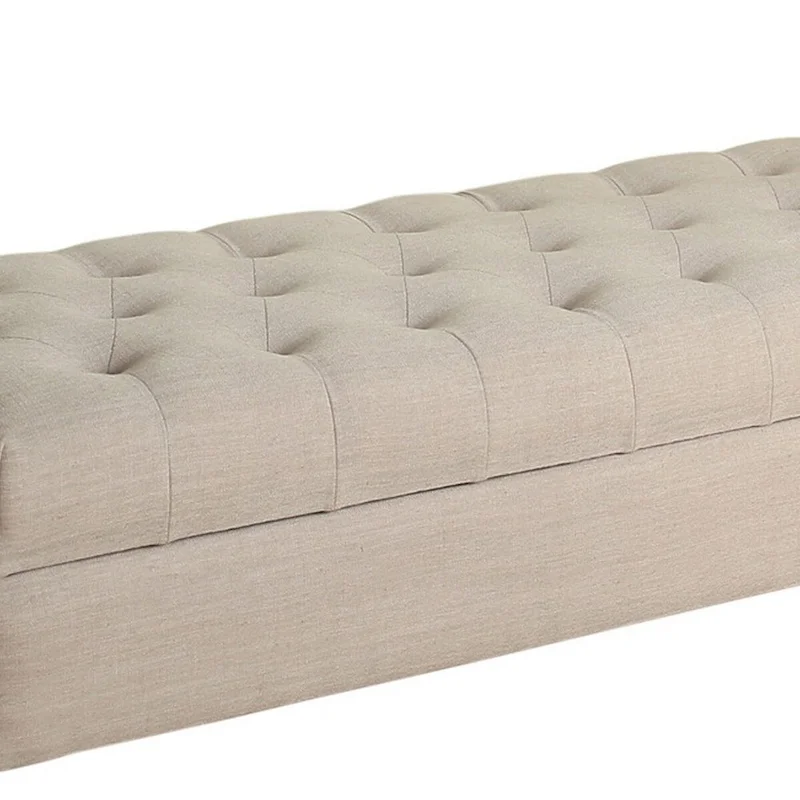 Fabric Upholstered Wooden Bench with Button Tufted Lift Top Storage, Beige