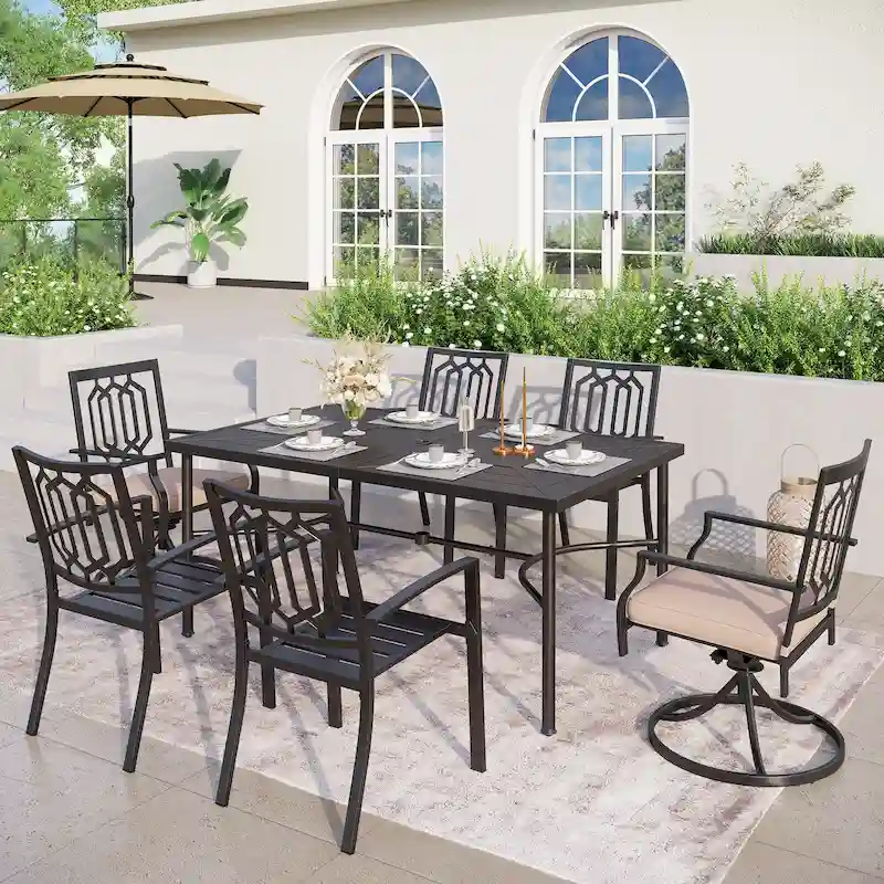 MAISON ARTS 7 PCS Outdoor Patio Dining Set, 6 Steel Combo Dining Chairs and Metal Table with Umbrella Hole