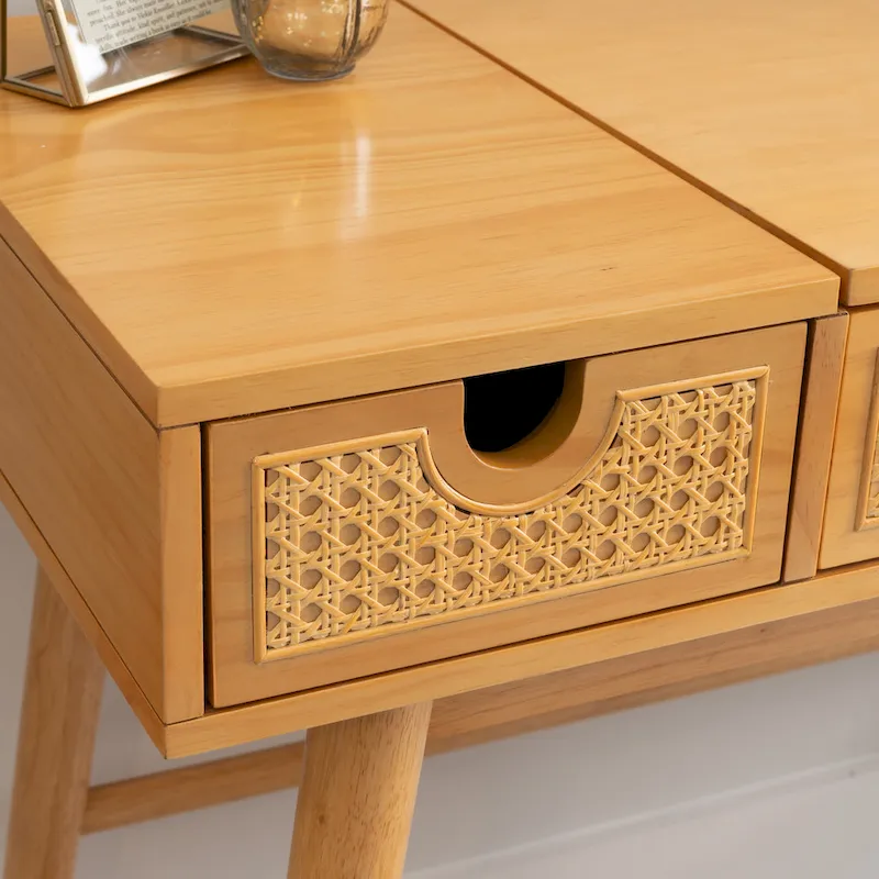 Natural Wooden Vanity with 2 Cane Drawers