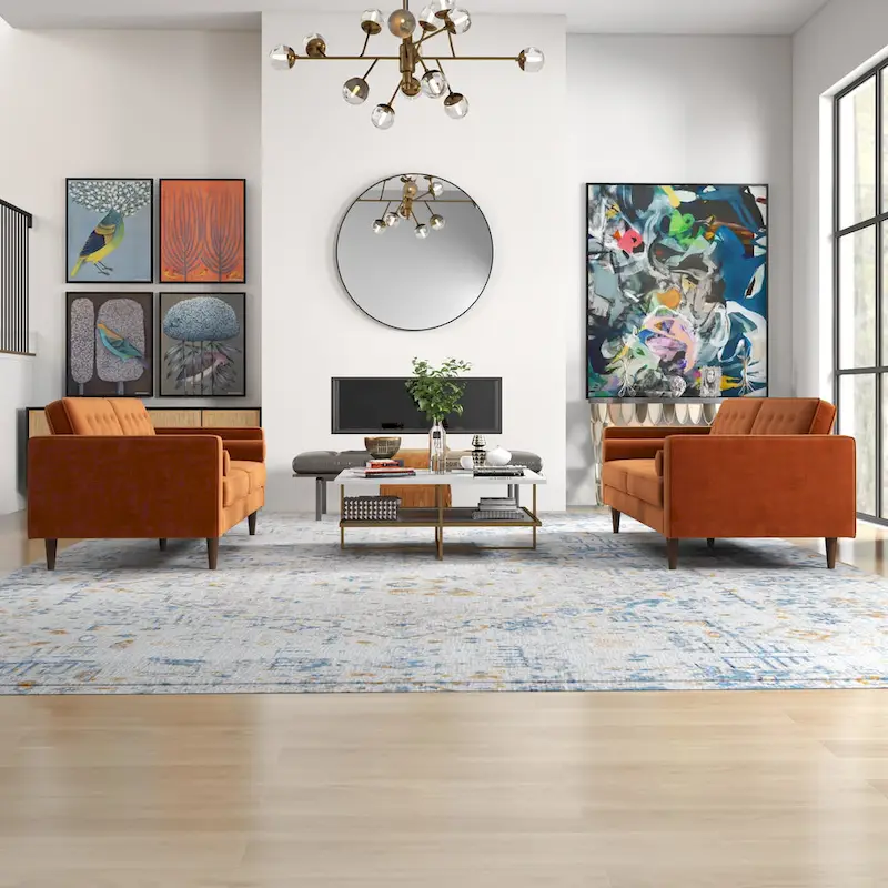 Kenzo Mid Century Pillow Back Velvet Sofa and Loveseat Set