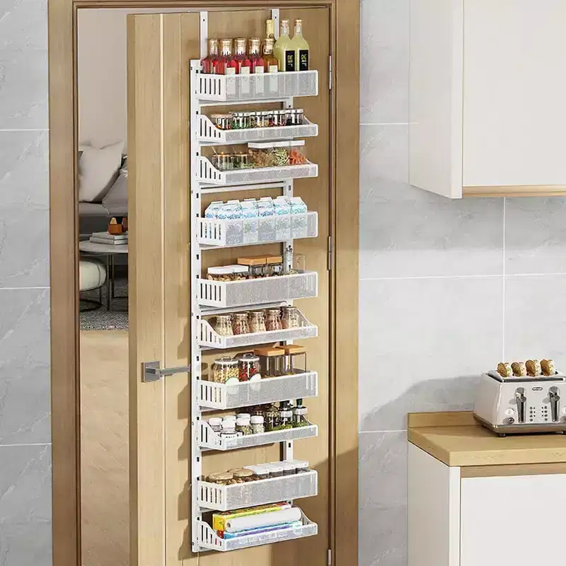 White Multi-Layer Adjustable Over-the-Door Hanging Rack - For Kitchen Condiment & Bathroom Storage