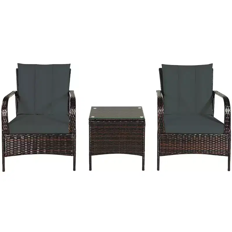 Costway 3 PCS Patio Wicker Rattan Furniture Set Coffee Table & 2 Rattan Chair W/Cushions