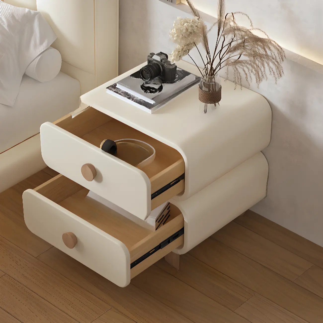 Pleather Scandinavian Nightstand With Faux Leather Finish