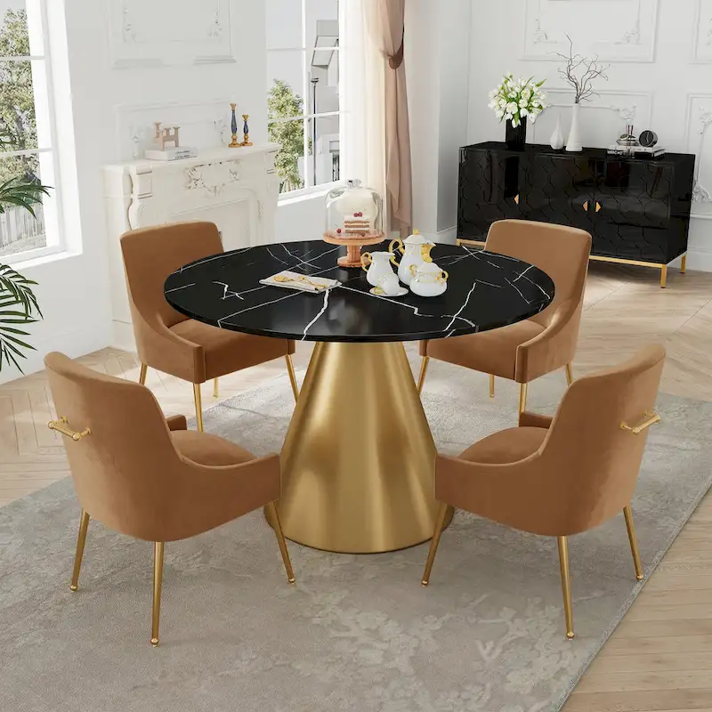 Clihome 5 Piece Black Marble Top Table with Velvet Dining Chair Set