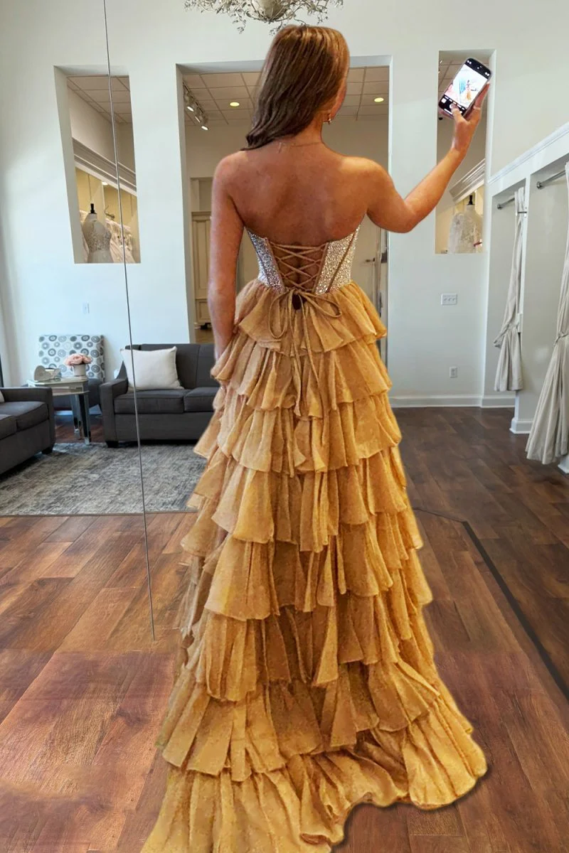 Gold - A Line Strapless Chiffon Beaded Corset Long Prom Dress With Slit