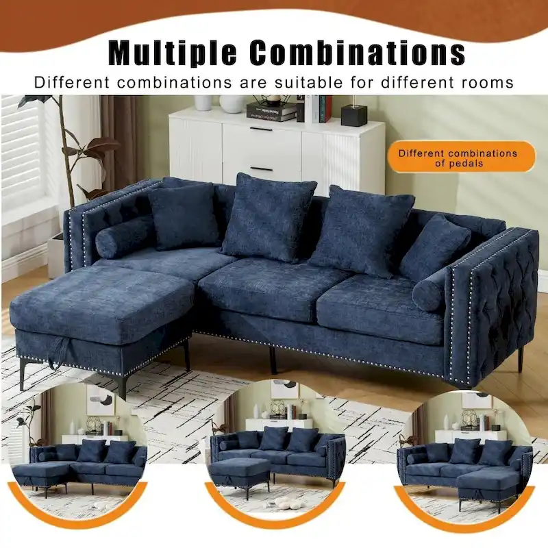 Modern Convertible Tufted Chenille L Shaped Sectional Sofa