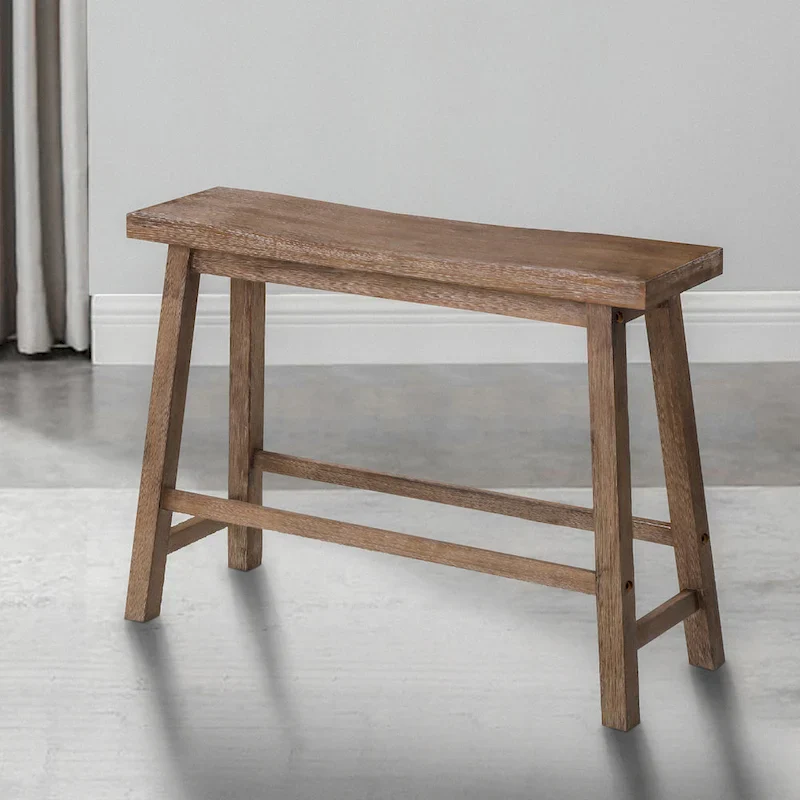 Antique Brown Acacia Wood Saddle Seat Bench with Angled Frame, Farmhouse Style, 1-Person