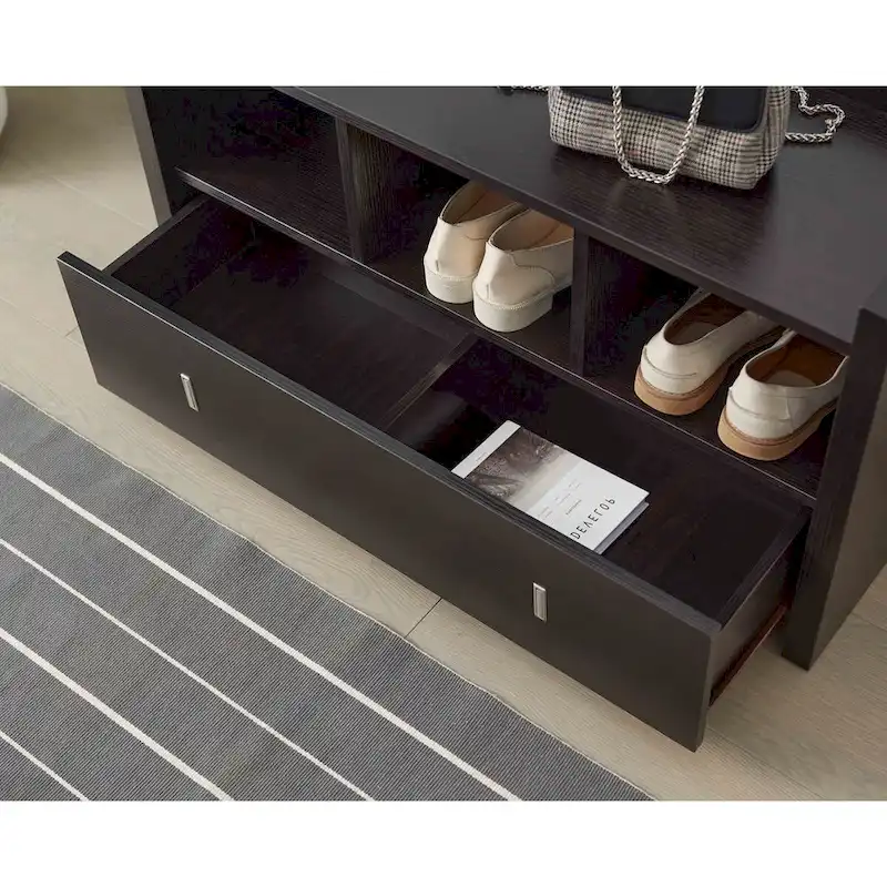Shoe Entry Bench with Three Shelves, One Drawer with Divided Compartment