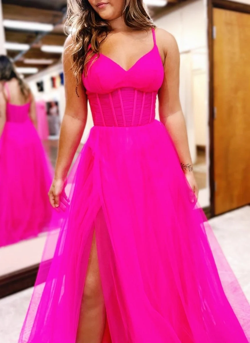 Fuchsia V-Neck Sheer Bodice A-Line Long Prom Dress with Slit