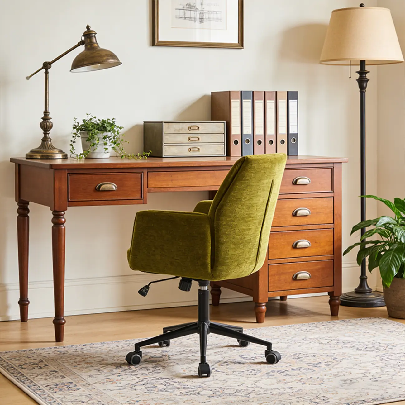 Adjustable Green Upholstered Fabric Swivel Office Chair