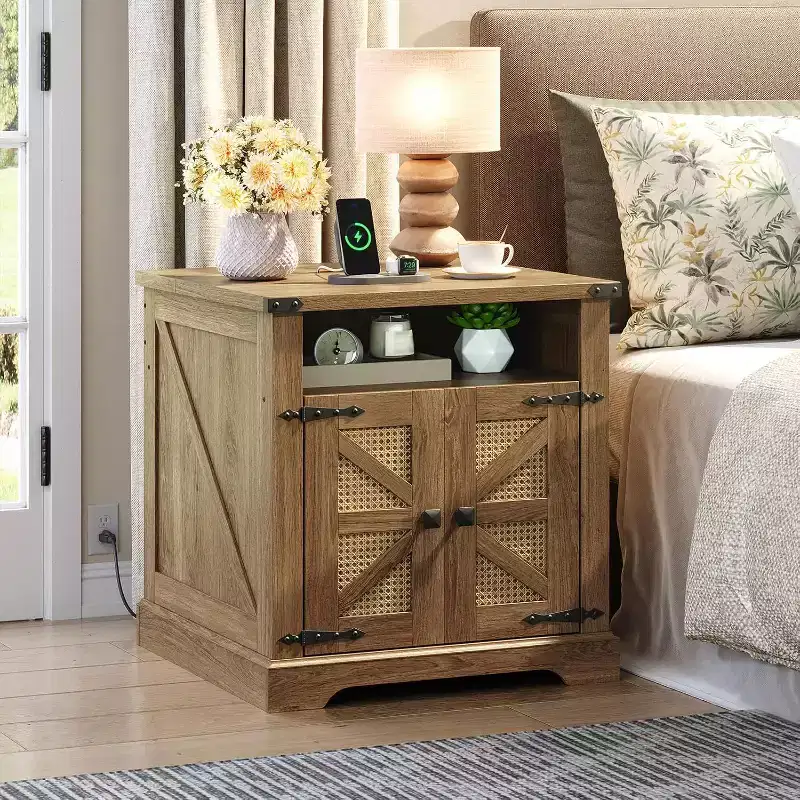 ACOINEL Farmhouse End Table with Charging Station, 23.6 Square Flip Tabletop Side Table, Large Nightstand with Open Storage