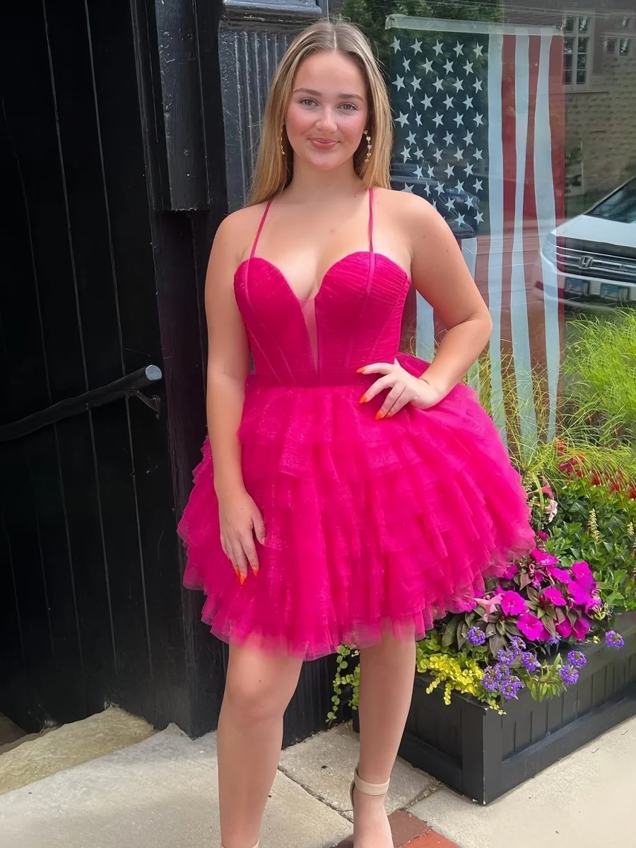 Fuchsia - V Neck Tulle Ruffles A-line Short Homecoming Dresses