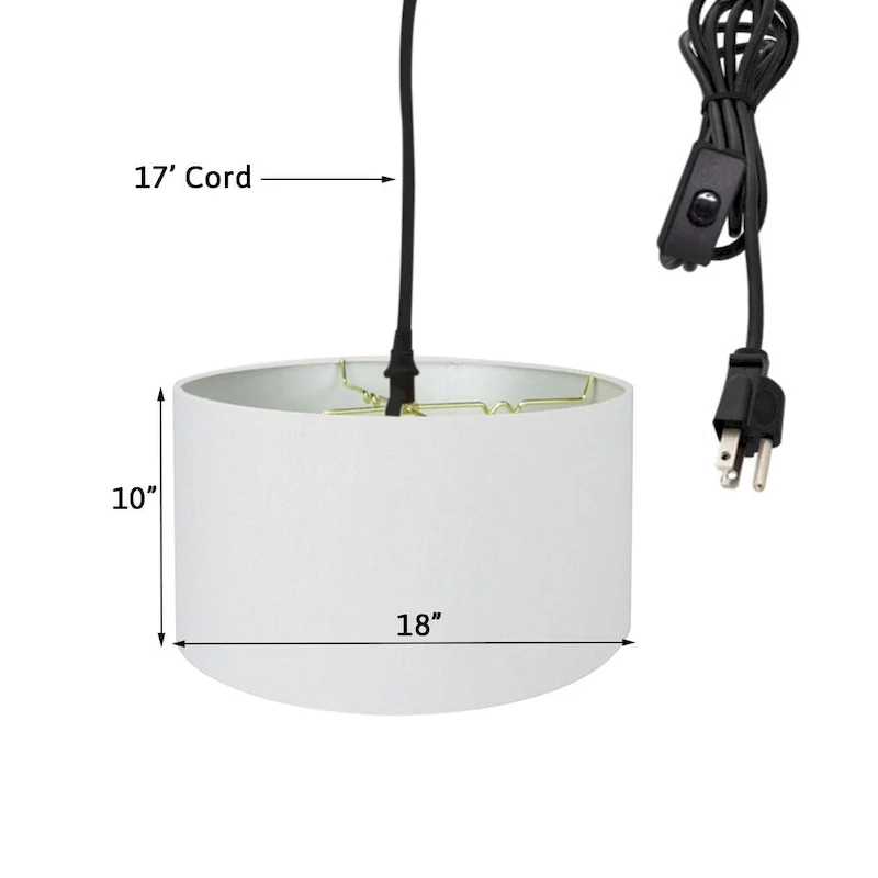 1 Light Swag Plug-In Pendant 18 w White Linen Shade, 17' Black Cord