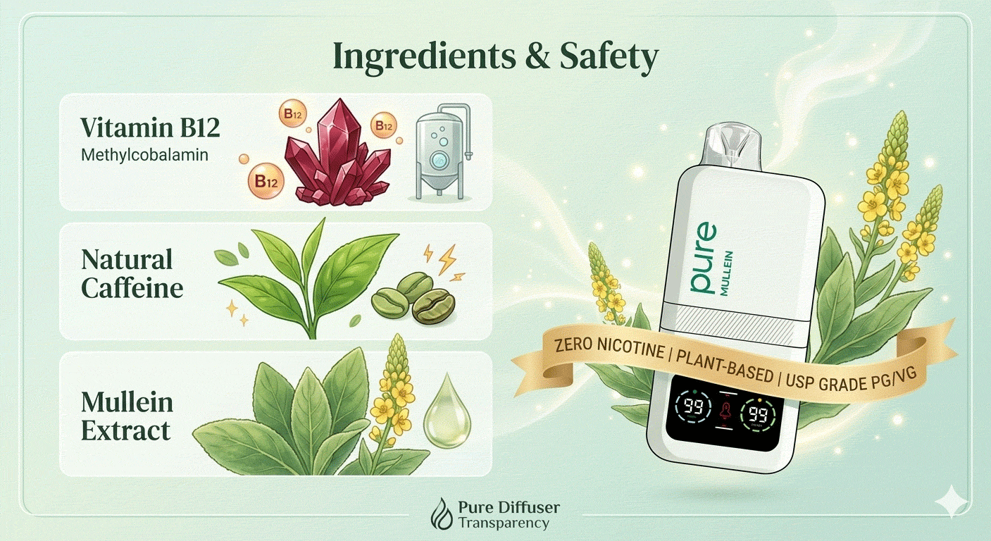 Ingredients source infographic of Pure Diffuser showing Mullein, Green Tea for Caffeine, and B12 crystals