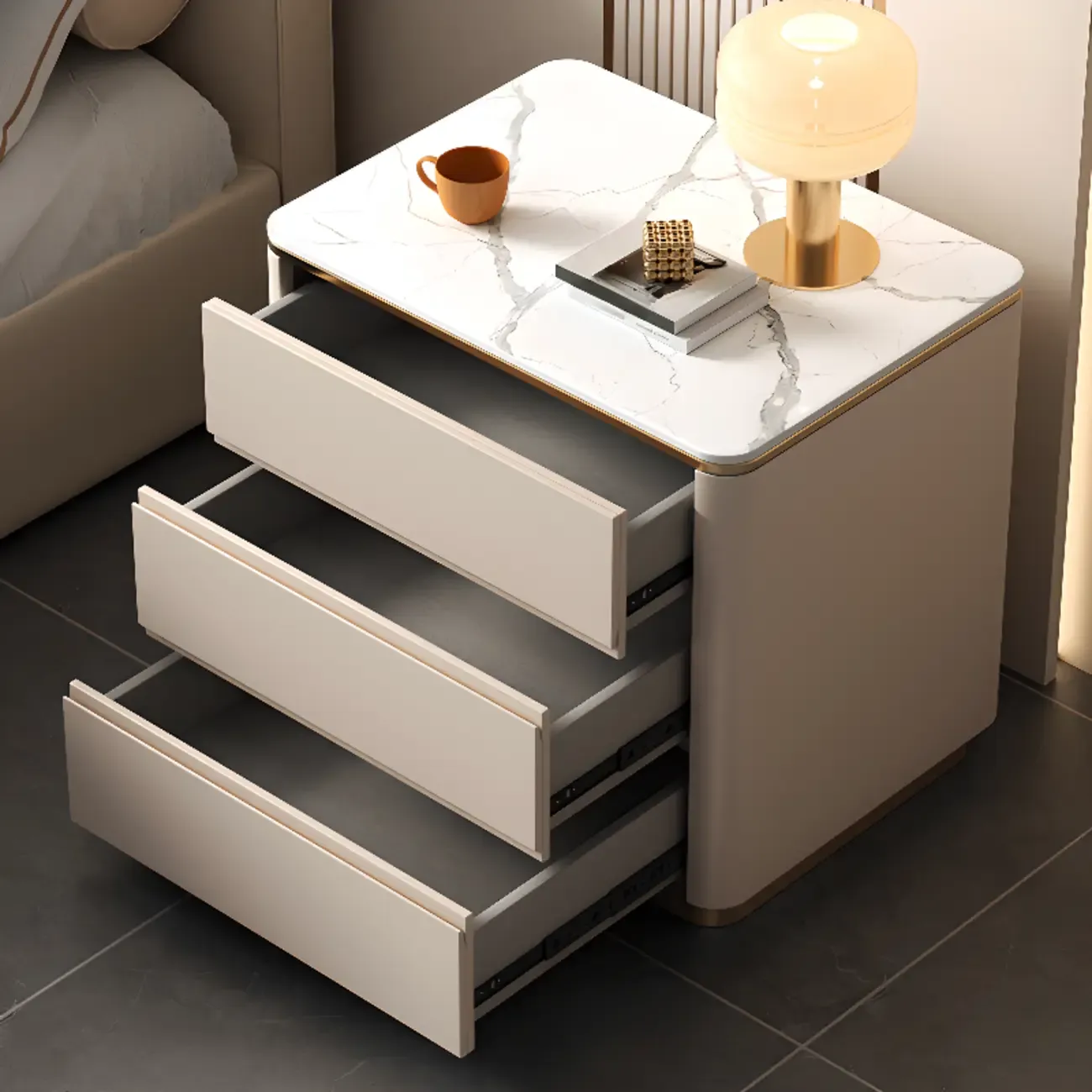 Modern Faux Marble Top Wood 3-Drawer Nightstand