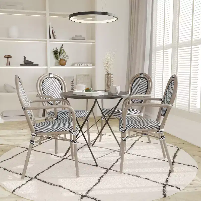 Emma & Oliver Massalia Set of Four Indoor/Outdoor Stacking Thonet Bistro Style Chairs with Arms, Textilene Seat and Bamboo Finished Metal Frame