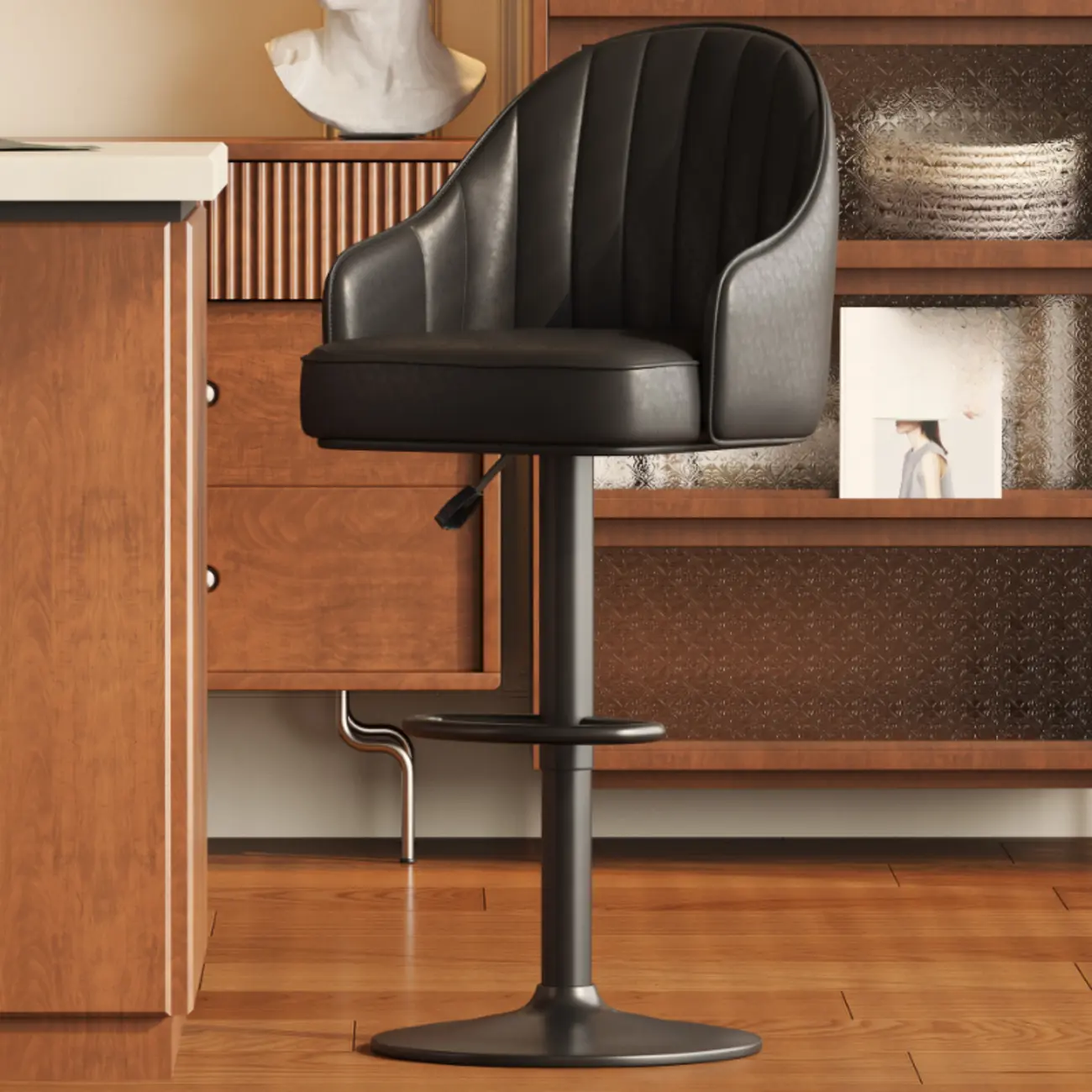 Mid-Century Modern Leather Bar Stool Swivel Adjustable Height