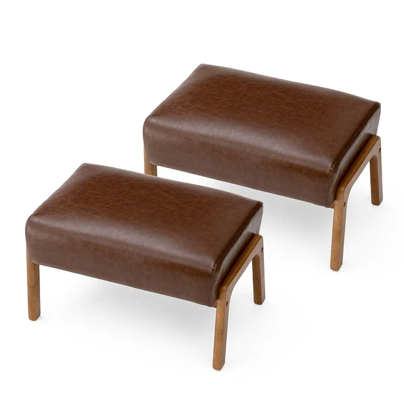 Brown Mid-Century Faux Leather Ottoman Accent Stool, Set of 2