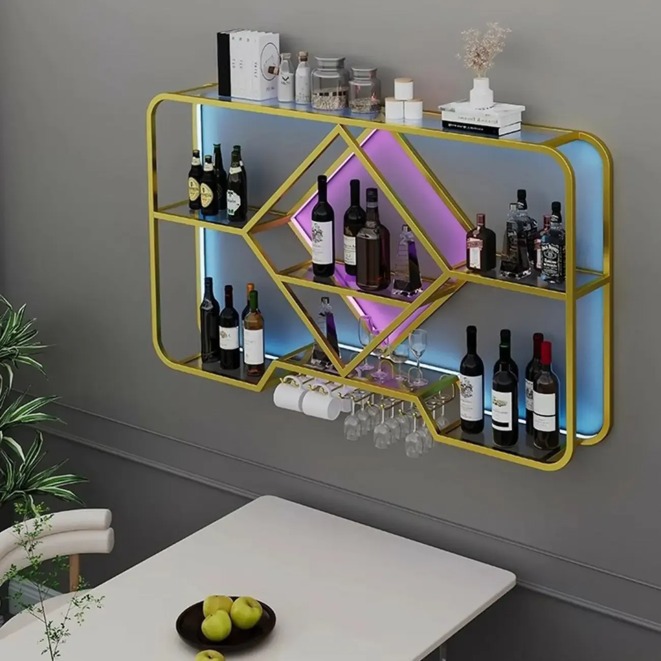 Gold Metal Diamond Wall-Mounted Wine Glass Rack