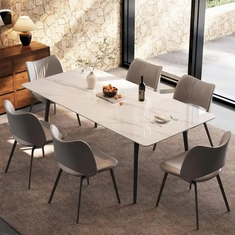 70.8 inch rectangular white kitchen dining table, with a sintered stone marble tabletop, metal legs