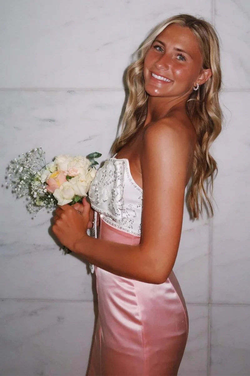 Pink Mermaid Satin Strapless Long Prom Dresses with Beaded Bow