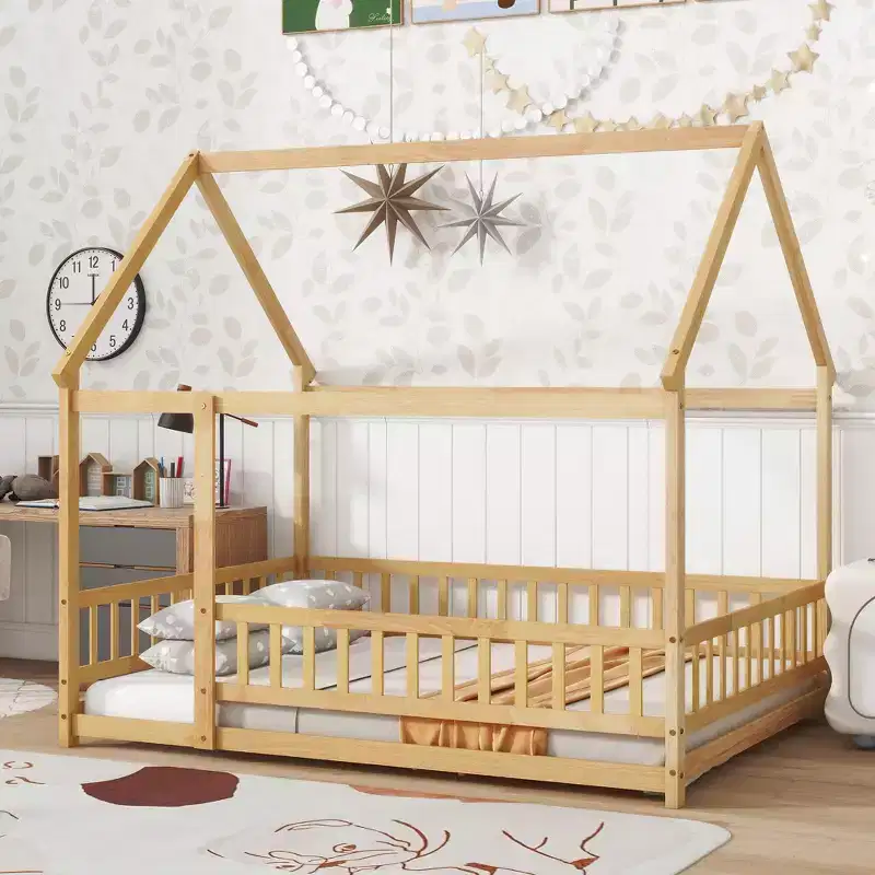 MAYEERTY Full House Floor Wooden Bed with Floor Frames, Safety Guardrails Beige