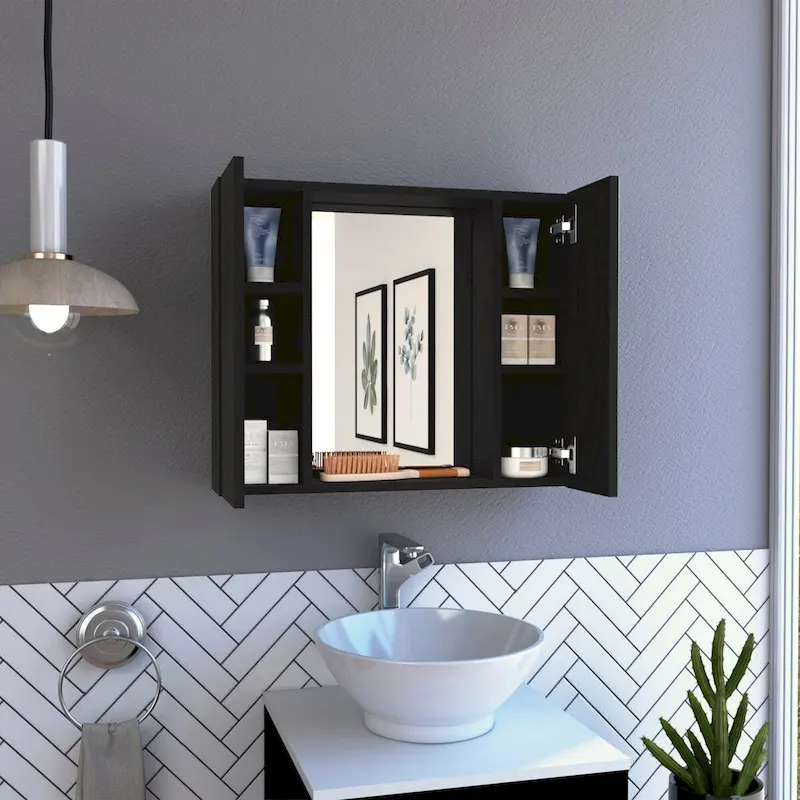 Medicine Cabinet, Double Door, Mirror, One External Shelf, Black Wengue Finish