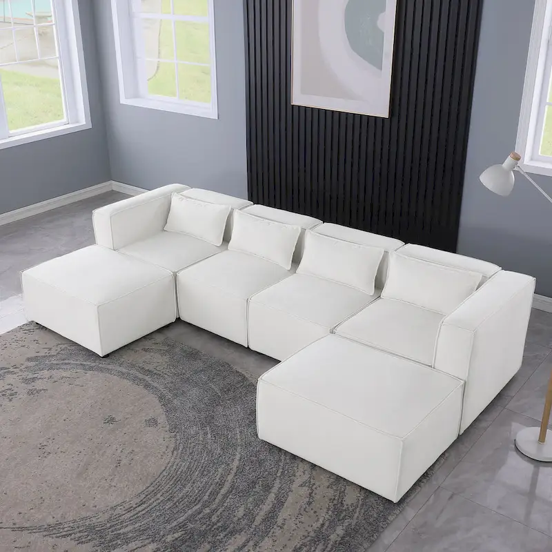6-Piece Chenille Upholstered U-Shaped Modular Sectional Sofa with 2 Removable Ottoman and Free Combination Design