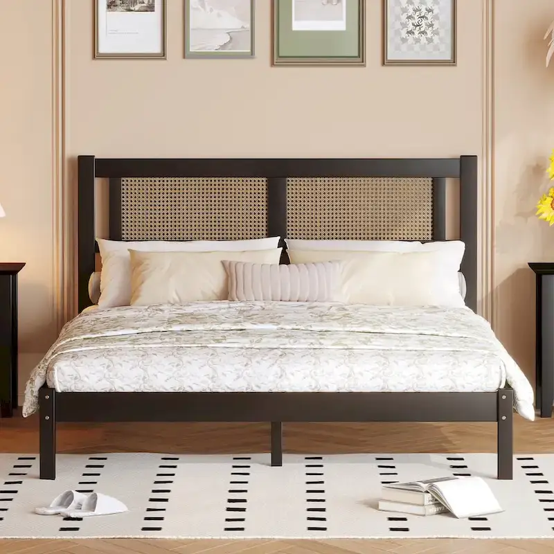 Queen Size Wooden Platform Bed with Natural Rattan Headboard, Exquisite Elegance with Minimalist Charm for Bedroom