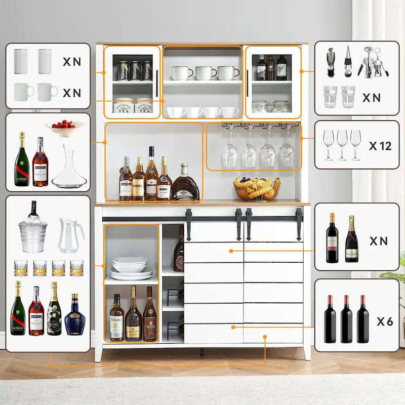 Farmhouse Wine Cabinet Kitchen Buffet with Wine Rack - 15.7D x 47.2W x 69.6H