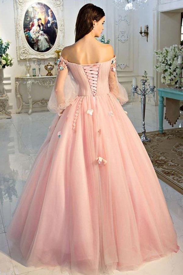 Long Sleeve Pearl Pink Off The Shoulder Quinceanera Dress with Hand-made Flower